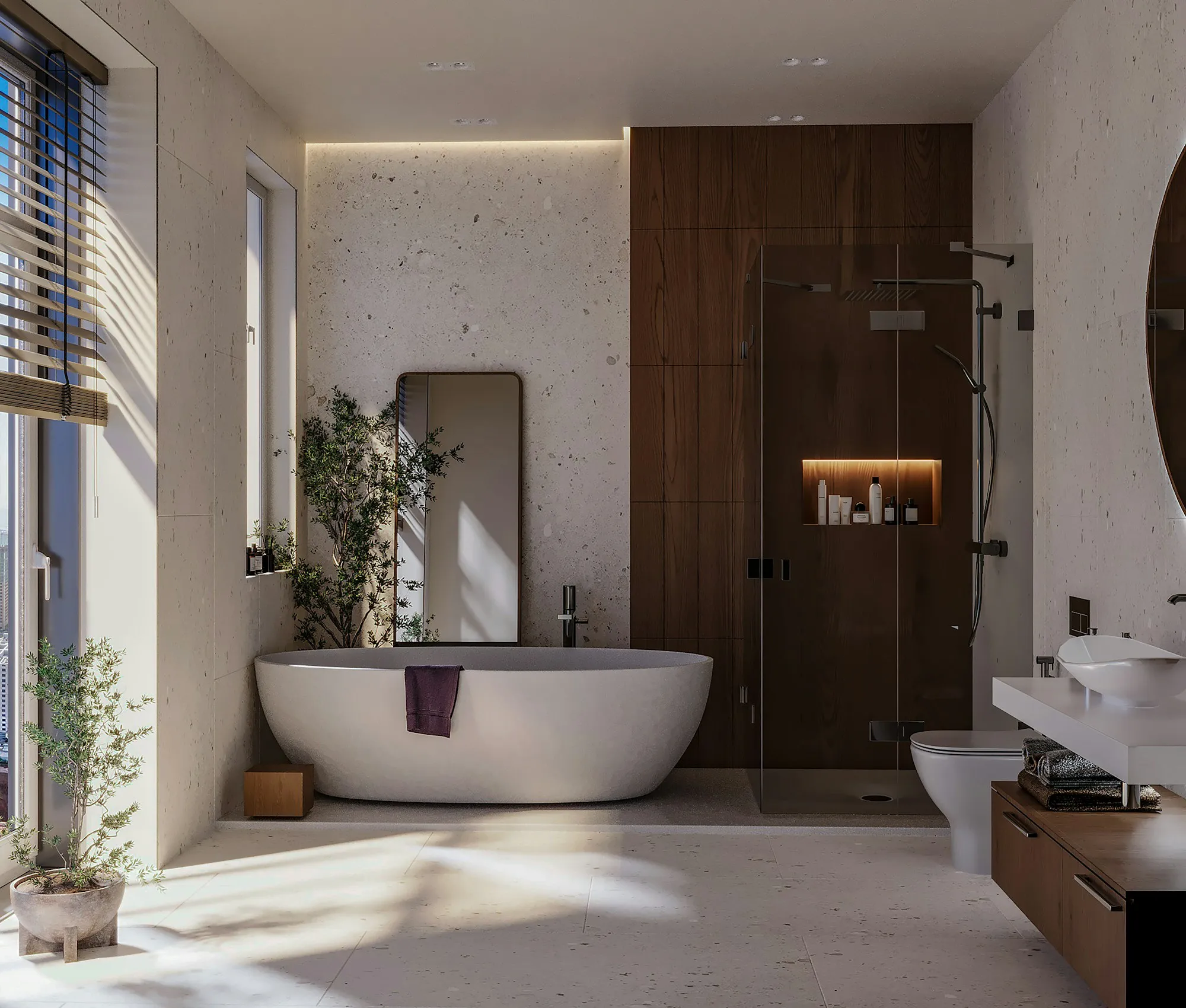 A spa grade bathroom with a freestanding bath, walk in shower and stone vanity