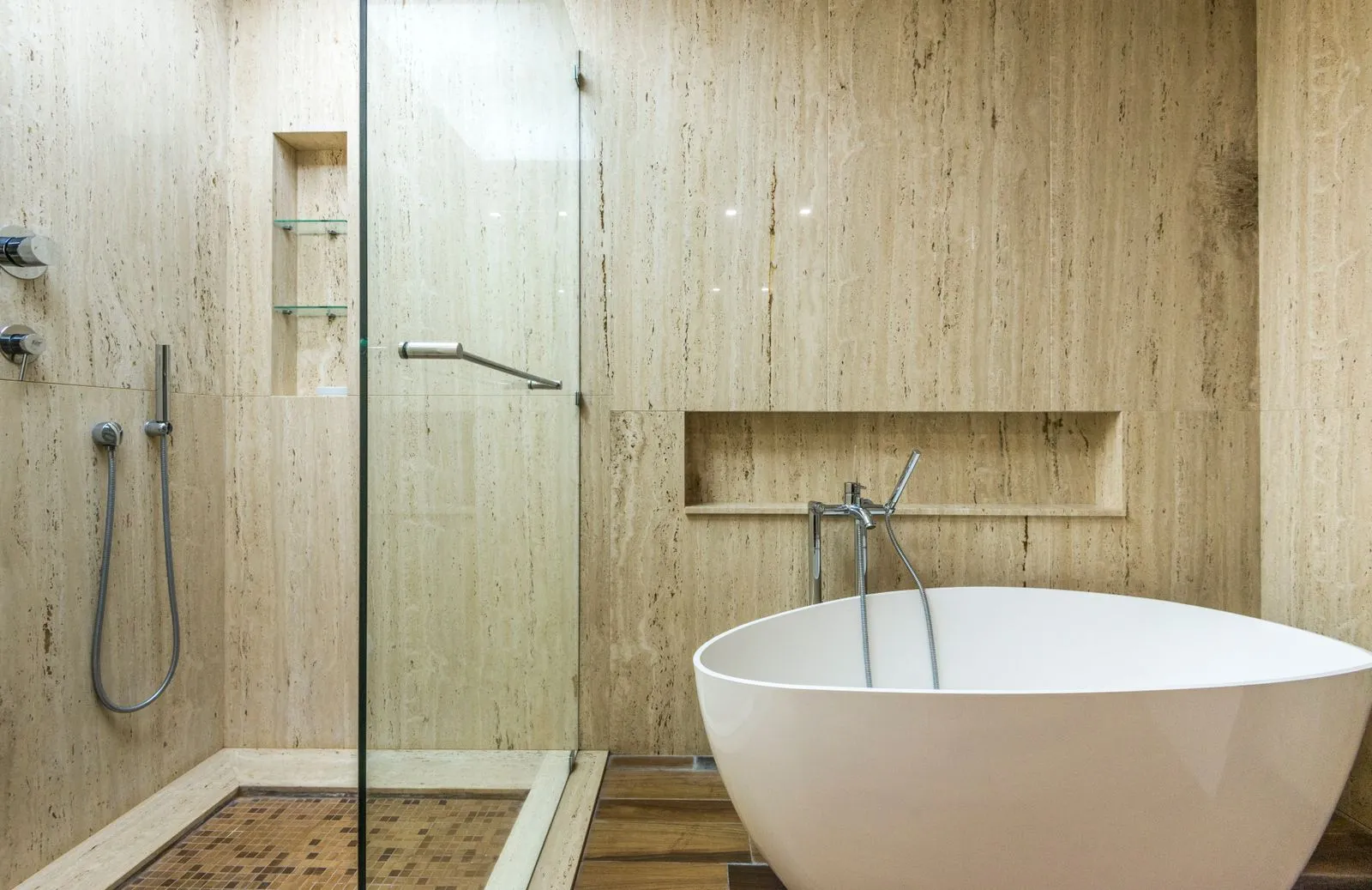 A wet room with a freestanding bath and frameless walk in shower in Mosman Park